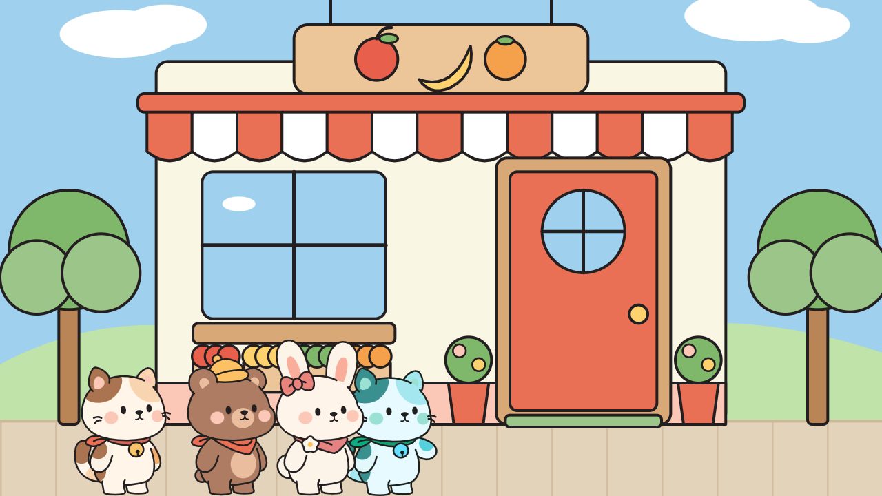 The Fruit Shop game: a shop front with bear, cat and rabbit customers waiting