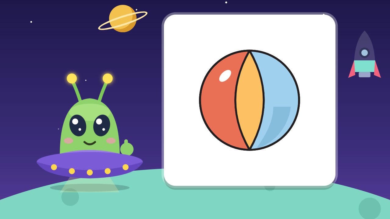 The Teach Pip! game: Pip the alien in a flying saucer, looking at a picture card